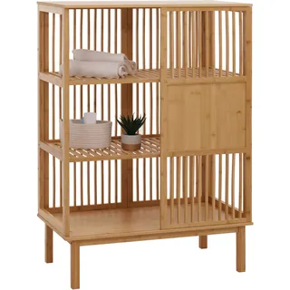 Bambus Standregal HWC-N81, Badezimmerschrank Badschrank Badregal Kommode, 3 Regalböden Schiebetür FS