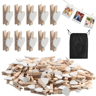 Culinavog 100 Stück Mini Holzklammern Herz Weiß, 3.5cm Kleine Wäscheklammern Herz Und Schwarzer Kordelzugbeutel, Deko Wäscheklammern Holz Für Hochzeit, Karten, DIY Basteln, Fotos, Adventskalender