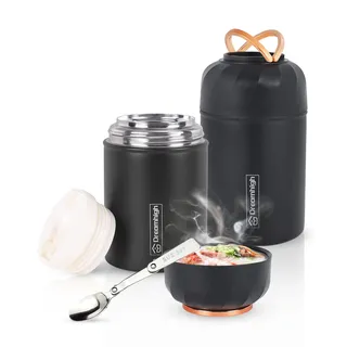 Dreamhigh® Thermobehälter für Essen 550 ml, Edelstahl Thermobecher mit faltbaren Löffel, Warmhaltebehälter Auslaufsicher, 10 Stunden Heiß, 12 Stunden Kalt, Speißen, Suppe, Brei, Joghurt (Schwarz)