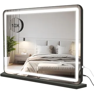 Buildonely Hollywood Schminkspiegel mit Beleuchtung, 80x55cm Schminkspiegel mit LED Licht Dimmbare 3 Lichtmodi, Groß Spiegel mit Touch Control, Tischplatte oder Wandhalterung, Schwarz