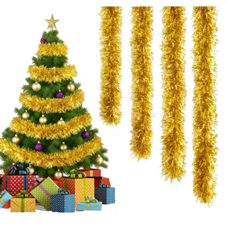DEXYZZY 4 Stück 2M Lametta Girlande, Weihnachtsdeko Girlande, Lametta Baumschmuck, Weihnachten Lamettav für Weihnachtsbaum Kranz Hochzeit Party, für Party Hängende Decke Dekorationen, Golden