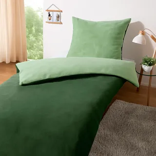 Heimtexland Teddy Flanell Wende Bettwäsche Set I Winter Bettbezug I kuschelig weich und warm I Kopfkissen 80x80 I Bettdecke 135x200 I Cashmere Touch Geschenkidee Weihnachten Typ751 Salbei - dunkelgrün