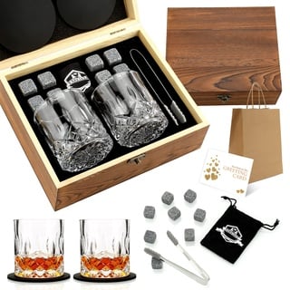 Exreizst Whisiskey- Whiskey Set Geschenk -Whiskey Geschenke für männer-Whiskyglas-Set 2 Whisky -8 Whisky Steine -Geschenkset Geschenke für Väter, Zubehör mit Holz Geschenkbox MännerWeihnachtsgeschenke