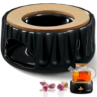 ecooe Keramik Stövchen Schwarz, Teewärmer Kaffeewärmer aus Keramik, Stövchen für Teekanne Teelichtofen Hohl Geschnitztes Design, Porzellan Teewärmer Geeignet zum Erhitzen von Tee Kaffee Milch
