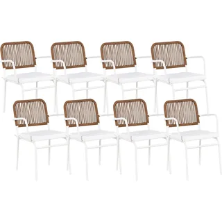 BELIANI Gartenstühle 8er Set Weiß / Braun Aluminium Stoff Pulverbeschichtet Geflochten Sitzkissen Stapelbar Wetterfest Modern Outdoor Gartenmöbel - Weiß, Braun