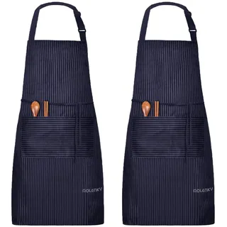 MOLENKY Schürze, 2 Stücke verstellbare Schürze mit 2 Taschen, verstellbarem Nackenband Kochschürze, BBQSchürze, Küchenschürze, café für Männer & Damen (Streifen-Dunkelblau)