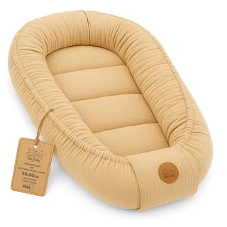 Totsy Baby Babynest babynestchen neugeborene mit tragegriff 90 x 50 cm baby nestchen tragbar nest für bett kinder kuschelnest coccon für Jungen und Mädchen Beige Musselin C