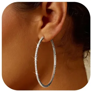 MILACOLATO Silber Creolen Ohrringe für Damen, Funkelnde Cubic Zirkonia Große Creolen Hängeohrringe, 925 Silber Klappohrring Post, Hypoallergen CZ Großer Klappcreolen Ohrringe Schmuck 60mm