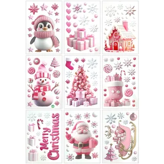9 Blatt 20x30cm Große Weihnachtsfensteraufkleber Weihnachten Fenstersticker Weihnachtsdekorationen Weihnachten Fensterbilder Weihnachtsmann Pinguin Schneemann Weihnachtsbaum Socken Schlitten Rosa