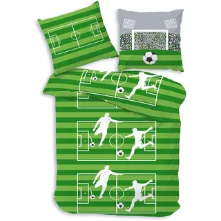 MTOnlinehandel Kuschelige Fußball Bettwäsche 155x220, Biber 100% Baumwolle für Kinder und Teenager - Weiche Bettgarnitur mit Reißverschluss, Kinderbettwäsche (155x220+80x80)