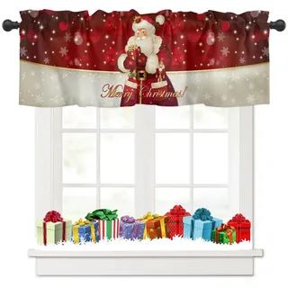 Tokusyou Weihnachten Scheibengardine Gardinen Deko Weihnachtsgardine Rot Vorhang Der Weihnachtsmann Schneeflocken Geschenkbox Muster Blickdicht Bistrogardinen für Fenster B 137 × H 45 cm