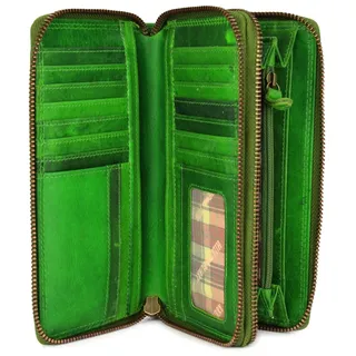 Hochwertige XXL Vintage Leder Damen Geldbörse Portemonnaie langes Portmonee Geldbeutel Organizer aus weichem Leder mit extra vielen Fächern inkl. RFID in grün - 20x11x3,5cm (B x H x T)