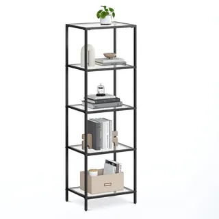 VASAGLE Regal mit 5 Ablagen, Badregal, gehärtetes Glas, einfache Montage, für Badezimmer, Wohnzimmer, Küche, Büro, transparent-tintenschwarz LGT029B61