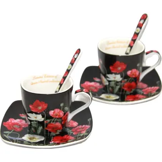 Queen Isabell Espressotasse, Espressotassen Porzellanset Mohnblumenmuster - Schwarz, Rot