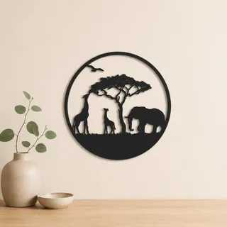 MMshop Runde wanddekoration Afrika. Panel dekoratives. Bild: Safari, Giraffe, Elefant, Baum. Hängende Dekoration. 3D-Bild (40cm)