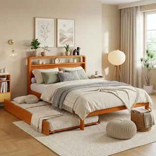 Merax Holzbett Kinderbett 140x200cm mit Ausziehbett 90x190cm, Gästebett mit abgerundetes Kopfteil, links/rechts montierbar, Funktionsbett, Natur - Naturbelassen