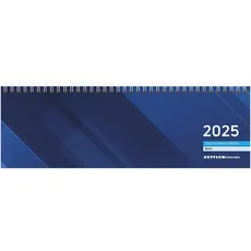 Bild - Tischquerkalender 2025 blau, 32x10,5cm, Bürokalender mit 128 Seiten, Tages- und Wochenzählung, Jahresübersicht, Steuerterminen, Drahtkammbindung und deutsches Kalendarium