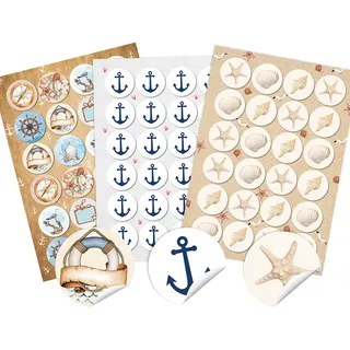 Maritime Aufkleber, 72er Set: Sticker mit Muscheln, Seestern, Anker, Fische, Rettungsring & Leuchtturm, Deko Sommer, Meer & Strand, Maritim, Für Karten, Geschenke & Party, Dekosticker Klein, Ø 4 cm