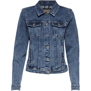 Jeansjacke ONLY "ONLTIA DNM JACKET MB BEX02 NOOS", Damen, Gr. 40, blau (medium blau denim), Denim/Jeans, Obermaterial: 98% Baumwolle, 2% Elasthan, unifarben, figurbetont normal, Jacken Jeansjacke, in leichter Used-Waschung mit Stretch, Topseller