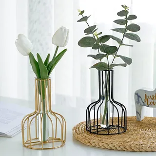 Schwarz und Gold Blumenvase mit Metallrahmen, klares Glas Reagenzglasvasen dekorativ, kleine Knospenvasen Geschenke Verwendung für Hochzeitsdekoration, Innendekoration, Wohnzimmerdekoration