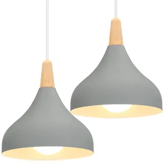 iDEGU Hängelampe Retro E27 Hängeleuchte Moderne Tropfenförmig Hut Deckenleuchte aus Metall Holz Pendelleuchte für Schlafzimmer Esszimmer Küche (Grau, 2 Stücke)