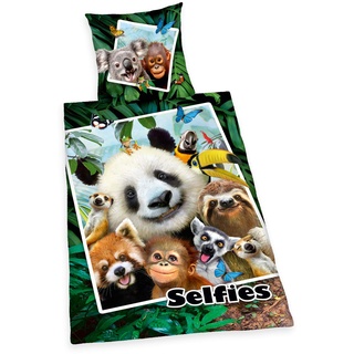 Herding Selfies Jungle Bettwäsche-Set, Dschungel-Wendemotiv, Kopfkissenbezug 70 x 90 cm, Bettbezug 140 x 200 cm, Mit leichtläufigem Reißverschluss, Baumwolle/Renforcé