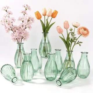 Otauoaea Kleine Glasvasen,10er Set Glasvase Klein Vasen für Tischdeko Hochzeit, 220ml Vintage Stil Deko Vasen Set, Mini Glasvasen für Tischdeko Zuhause Hochzeiten Geburtstage Feste, Spülmaschinenfest