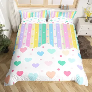 Loussiesd Hübscher Regenbogen Bettwäsche Set 135x200cm für Kinder Jungen Mädchen Bunte Liebe Herz Bettbezug Set Streifen Punkt Bettbezug Schlafzimmer Dekor Kawaii Betten 2Stück