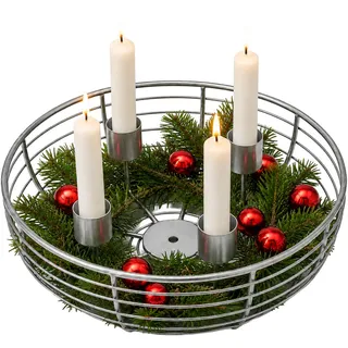 Relaxdays Adventskranz Drahtgeflecht, 4 Kerzenhalter, Metallschale, Silber | Metall, HxD: 6 x 20,5 cm, moderne Adventsdekoration, Weihnachtskranz rund