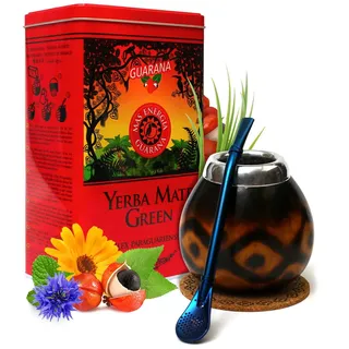 Mate Green Mate Tee Set Mas Energia Guarana 500g ● Natürlicher Mate Becher - Naturkalebasse Diamante ● Yerbera Teedose aus Edelstahl ● Mate Tee Guarana 0,5kg