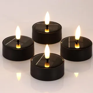 ZIYOUDOLI 4er Solar LED Teelichter Outdoor Wasserdicht LED-Kerzen mit Timerfunktion & Warmweißes Flackern 6 x 6cm(Schwarz Anzug) Geeignet für den Einsatz im Garten Camping