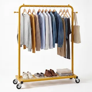 Sywhitta Kleiderständer auf Rädern, Kleiderständer mit Netz-Ablage, stabiler Metallrahmen, rollender Kleiderständer zum Aufhängen von Kleidung, Mänteln, 101 cm Lx40.6 cm Bx164 cm H, goldfarben