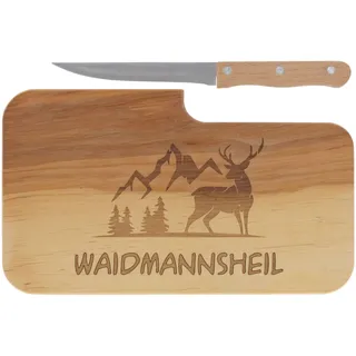 LASERHELD | Brotzeitbrett Holz mit Gravur “Waidmannsheil” & Messer | 26 x 15 cm | Frühstücksbrettchen Holz Schneidebrett Jausenbrett | Geschenk für Jäger zum Vatertag Vatertagsgeschenk