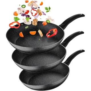 Avilia Set mit 3 Antihaft-Pfannen aus Hartstein für Induktion – gleichmäßiges Kochen für Fleisch, Fisch, Gemüse – verschiedene Größen: 20 cm, 24 cm, 28 cm