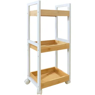 Relaxdays Rollwagen, 3 Fächer, Bambus, HBT: 80x30x20 cm, Bad & Küche, MDF, schmaler Nischenwagen, Trolley, Natur/weiß