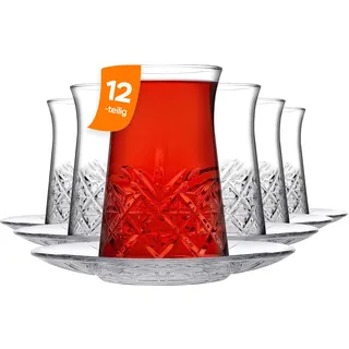 NORDIC SCHILLER Türkische Teegläser Set 160 ml (12-teilig für 6 Personen), 6 Teegläser aus Glas mit 6 Untertassen, Traditionelles Cay Bardagi Set für Stilvollen Teegenuss