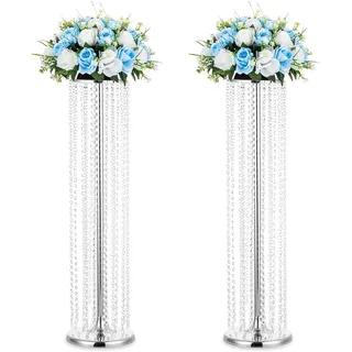 Nuptio 2 Stück Hochzeit Mittelstücke Blumenvasen 90cm Hoch Kristall Silber Vase Metall Blumenständer für Party Tischdekorationen Elegante Massenhochzeiten Dekoration Tisch Kronleuchter Herzstück Steht