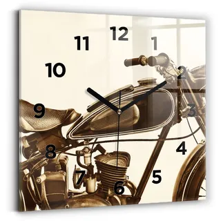 Wallfluent Wanduhr – Stilles Quarzuhrwerk - Uhr Dekoration Wohnzimmer Schlafzimmer Küche - Zifferblatt - schwarze Zeiger - 30x30 cm - Sepia-Motorrad Vintage - Braun