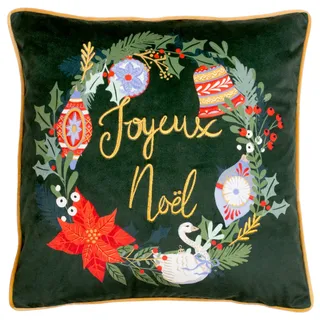 furn. Deck The Halls Federgefülltes Kissen (Grün - 43x43cm) | Festlich Weihnachten Noel Floral Bestickt Samt Paspeliert Kissen