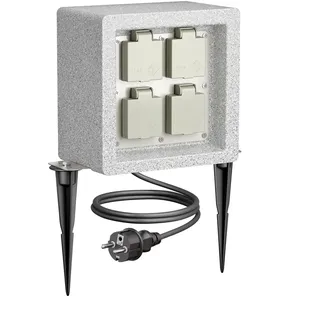 ledscom.de Garten-Steckdose Pock mit Erdspieß Stein-Optik für außen, 4-Fach, Kunstharz, quadratisch, 20cm