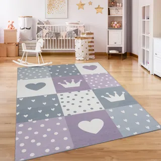 Paco Home Kinderteppich »Eliz 391«, rechteckig, 12 mm Höhe, Kurzflor, Spielteppich, Patchwork-Muster, Motiv Krone, Herz & Punkte Paco Home Lila B: 140 cm   1 St.