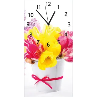 Wallario Design Wanduhr Zwei Blumen-Bouquets aus gelben und roten Tulpen und Flieder aus Echtglas, Größe 30 x 60 cm - Weiß