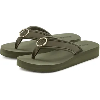 Badezehentrenner LASCANA "Sandale, Badeschuh, Pantolette, Badelatsche, Flip Flop, Sommerschuh", Damen, Gr. 37, grün (oliv), Obermaterial: 100% Textilmaterial. Decksohle: 100% Synthetik. Futter: 100% Textilmaterial. Laufsohle: 100% Synthetik, unifarben, Schuhe Badezehentrenner, Zehentrenner mit Ringapplikation "Italy" VEGAN, Topseller