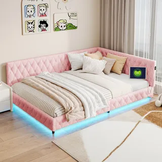 UnboxG Polsterbett 140x200cm mit LED und Ladefunktion (USB&Typ-c), Doppelbett Gästebett Daybett Jugendbett, Holzbett Funktionsbett mit Lattenrost - Rosa