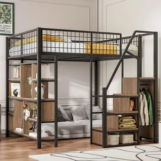 Flieks Etagenbett 140x200cm mit Bücherregal, Hochbett Metallbett mit Treppe und Kleiderstange, Kinderbett mit Rausfallschutz und Lattenrost, Schwarz - Schwarz