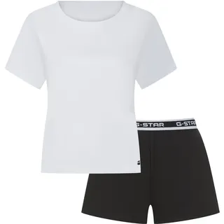Pyjama G-STAR "SUNSTONE, RELAXED TEE & SLEEP SHORTS SET", Damen, Gr. XS, hellweiß, schwarz, Jersey, Obermaterial: 95% Baumwolle, 5% Elasthan, unifarben, kurz, Rundhals, abgesteppte Kante, Homewear-Sets Pyjama, mit Markendetails, Baumwollmix
