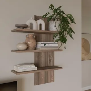Forte GLENKEEN Wandregal 70, Wandregal im Boho-Stil mit 3 Regalfächern, schwebende Optik, Wohnzimmer, Holzwerkstoff, Valencia Eiche Holzdekor, 68 cm breit x 100 cm hoch x 21,9 cm tief