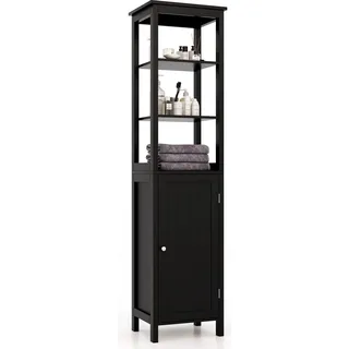 COSTWAY 5-stöckiger Hochschrank schmal, Badschrank mit verstellbarer Regalen & Tür, freistehend platzsparend für Wohn- & Badezimmer Schwarz - Schwarz