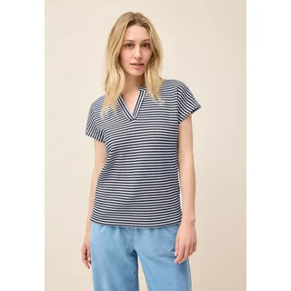 Cecil T-Shirt CECIL, Damen, Gr. L (42), blau (urban navy blau), Web, 42% Baumwolle, 42% Polyester, 14% Viskose, 2% Elasthan, gestreift, normal normal, V-Ausschnitt, abgesteppt, Shirts T-Shirt, bestehend aus einem Materialmix