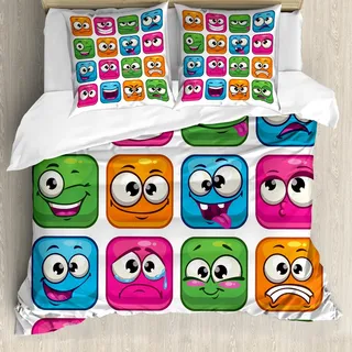 ABAKUHAUS Komisch Bettbezug Set, Digitale Cartoon Stil Für Kinder Smiley Gesicht Ausdruck Monster Comic Avatar Druck, 200 x 200 cm + 80 x 80 cm, Mehrfarbig